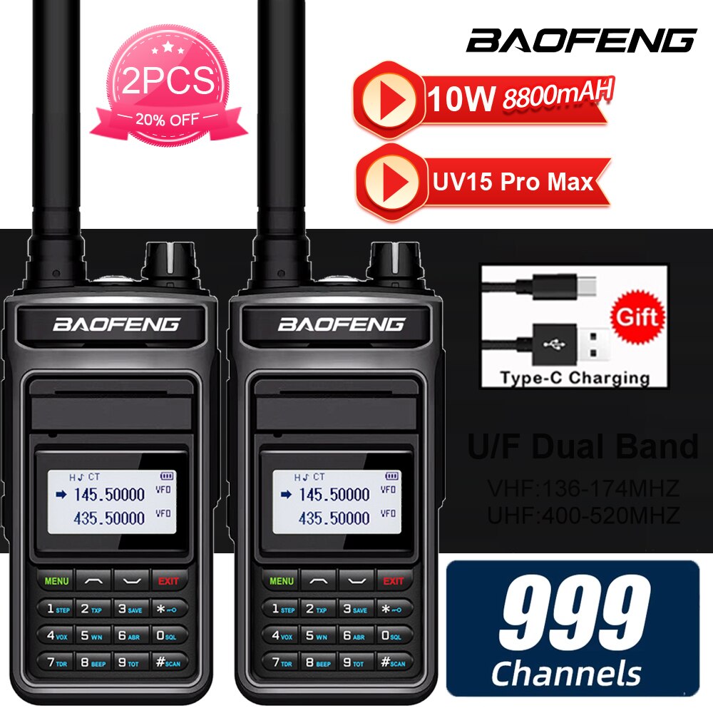 Baofeng UV15 Pro Max V1 V2 10W Dual Band High Power CB Radio Type-C Charger Long Range Ham Walkie Talkie Two Way Radio 8800mAh