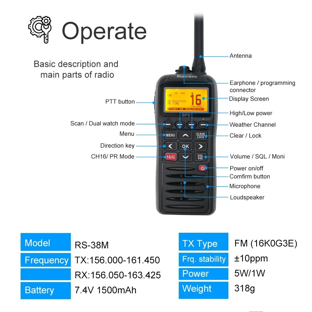 Recent RS-38M Marine Radio VHF IP67 Waterproof Float Walkie Talkie Tri-watch 156.025-157.425MHz Transceiver Two Way Radio - Image 2