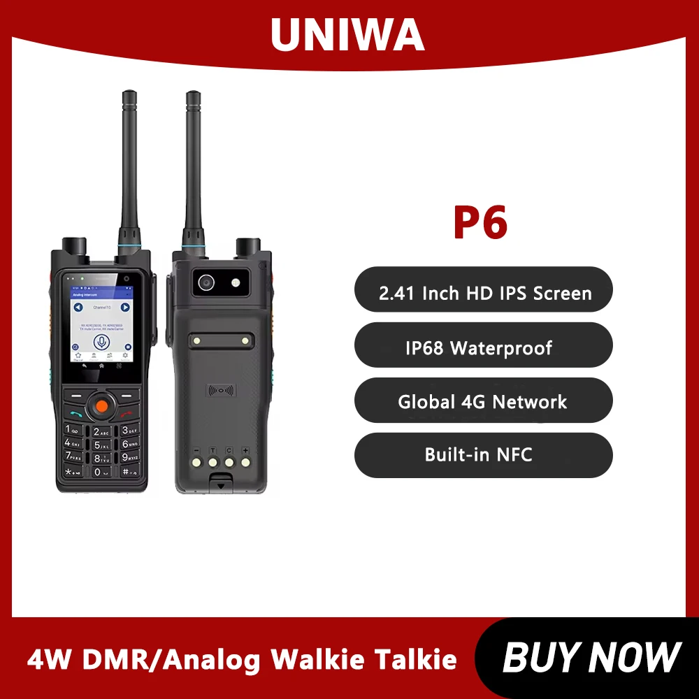 Global UNIWA P6 IP68 Rugged Walkie Talkie 4W DMR/Analog Dual Mode 2.41" 3GB+32GB 12MP 2500mAh 4G Smartphone Android 9 PTT SOS