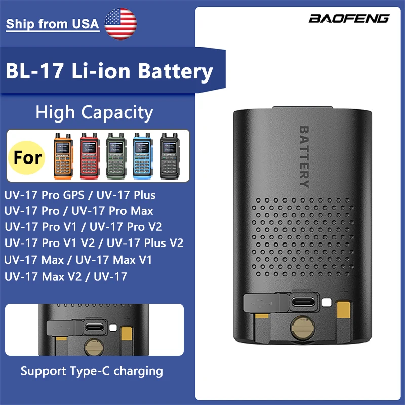 Baofeng UV-17 Pro GPS Li-ion Battery UV-17R Battery USB-C Charging Rechargerable DC7.4V 13.32Wh For UV-17 Pro Max Walkie Talkie