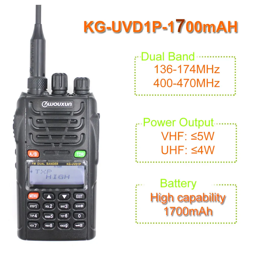 WOUXUN KG-UVD1P Dual Band Two Way Radio with 1700mAh Battery FM Transceiver Walkie Talkie UHF VHF HAM Radio