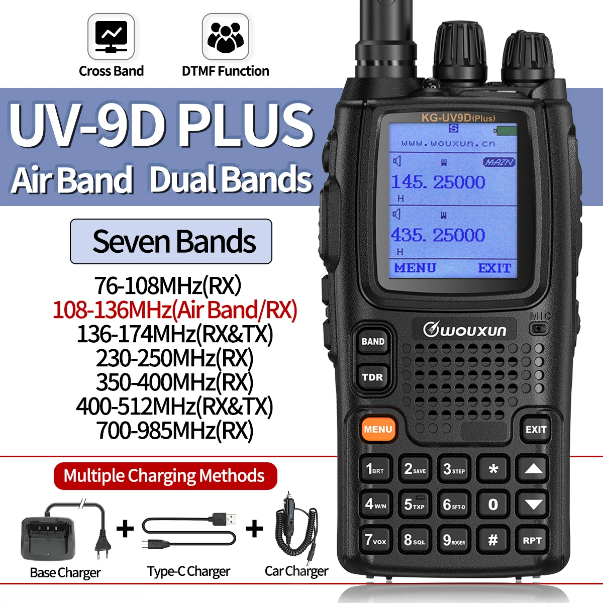 Wouxun KG-UV9D Plus Air Band Walkie Talkie VHF UHF Type-C Cross Band Repeater Transmission Communciator DTMF Ham Two Way Radio