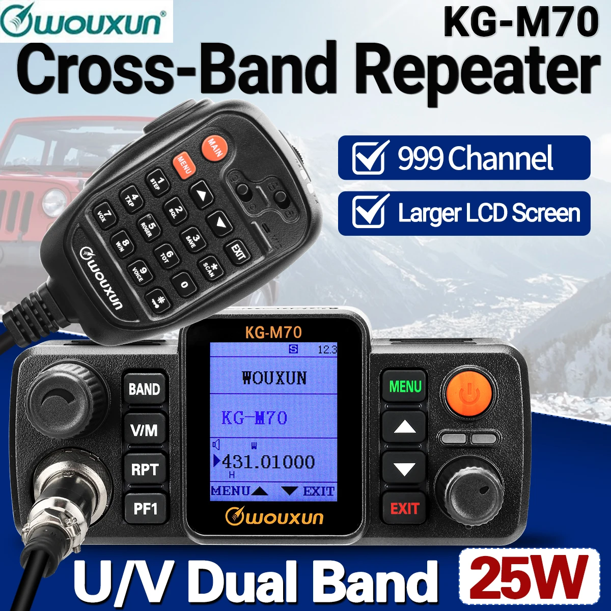 WOUXUN KG-M70 25W Mobile Radio Cross Band Repeater Long Range 999CH High Power Dual Band CB Car Radio Station With Microphone
