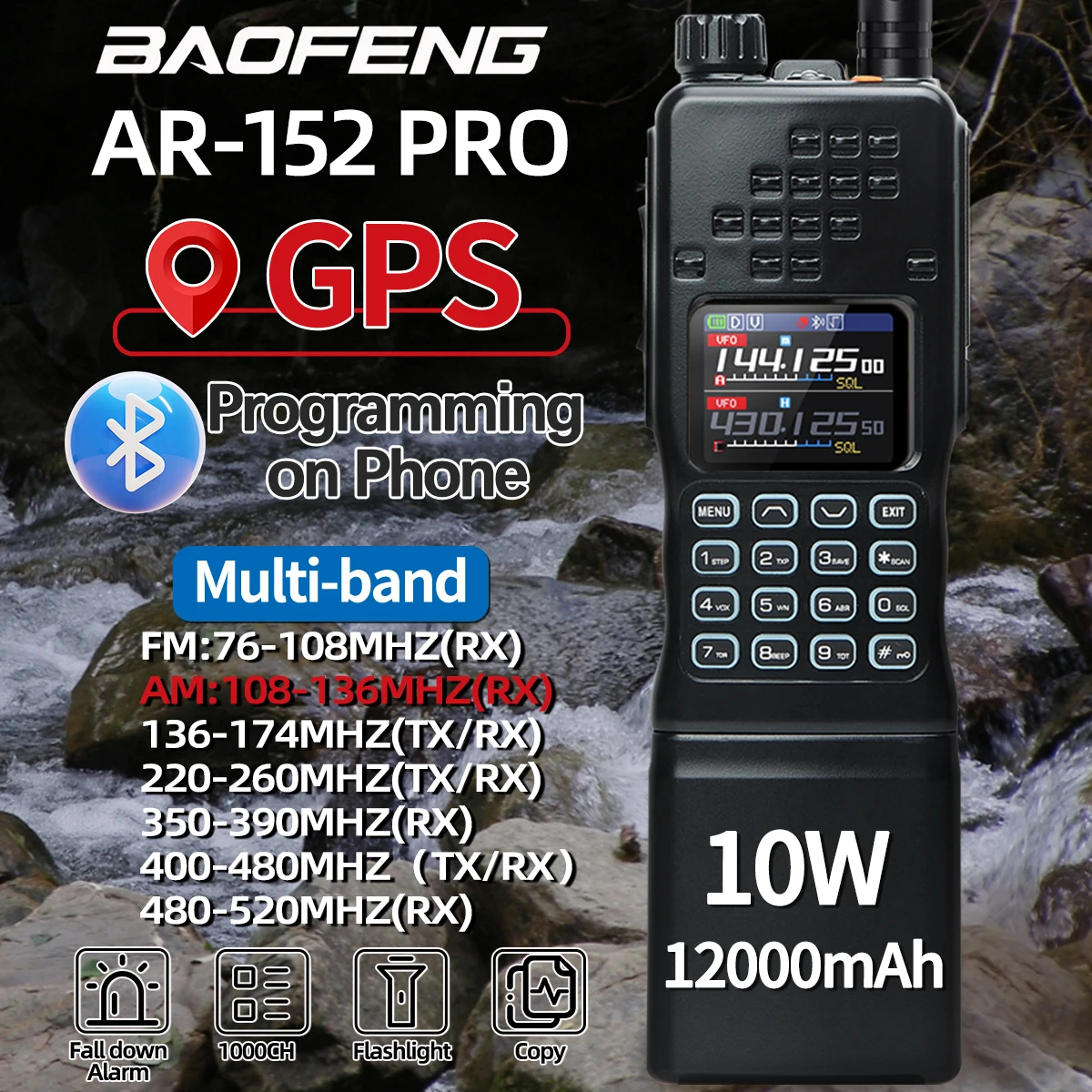 Baofeng AR-152 PRO Multi Band Bluetooth Programming GPS ham radio high powerful 12000mAh battery army tactial walkie talkie