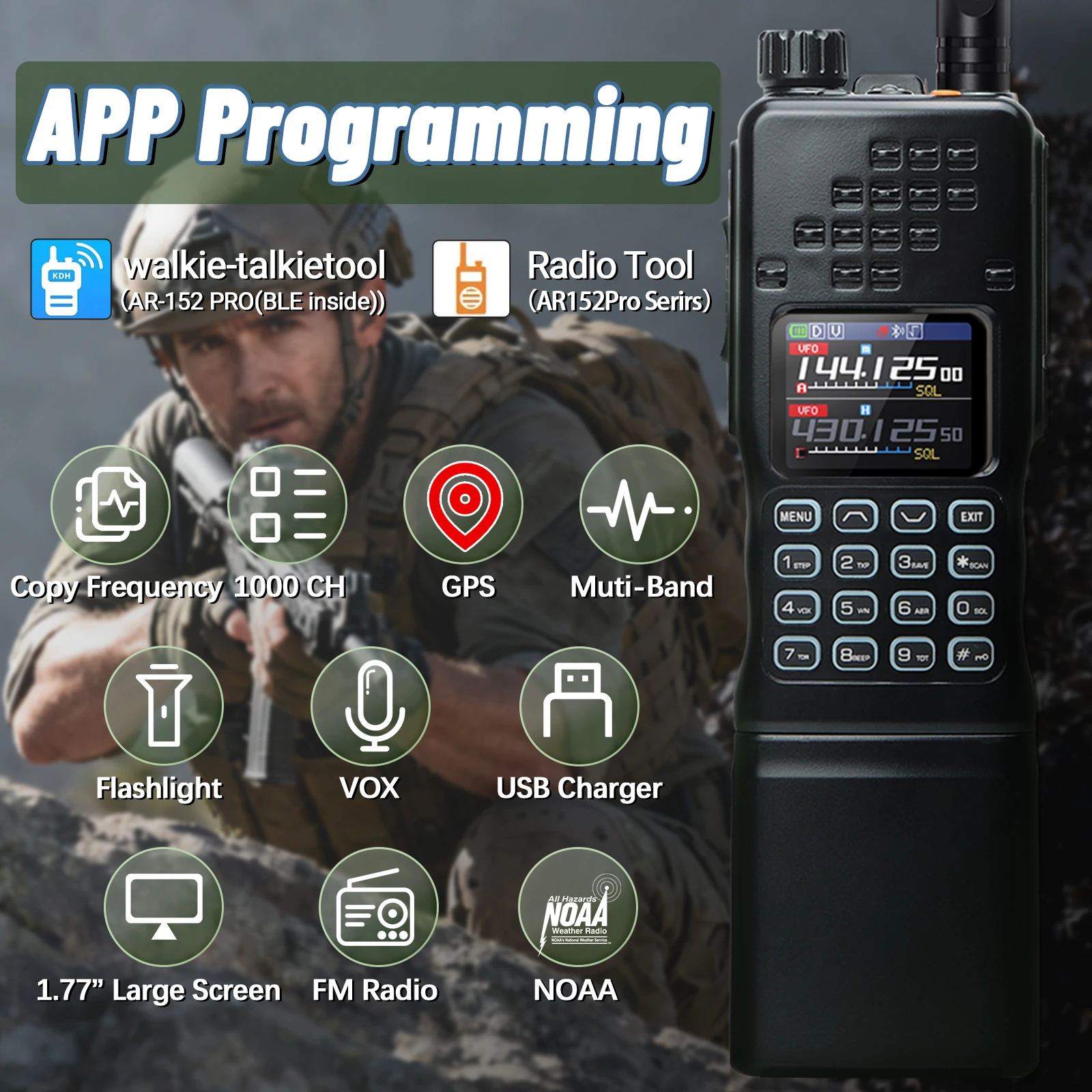 Baofeng AR-152 PRO Multi Band Bluetooth Programming GPS ham radio high powerful 12000mAh battery army tactial walkie talkie - Image 2